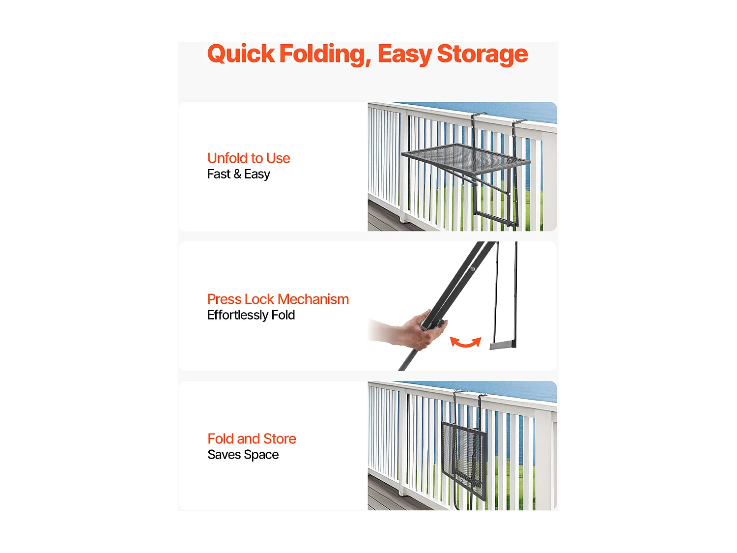 Table Suspendue de Balcon, SucceBuy Table Suspendue pour Balcon, 48 × 61 cm, Table d'Extérieur avec Balustrade en Métal, Réglable