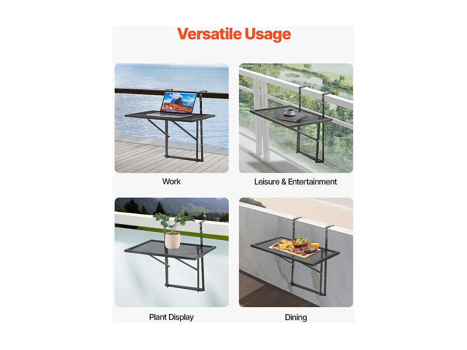 Table Suspendue de Balcon, SucceBuy Table Suspendue pour Balcon, 48 × 61 cm, Table d'Extérieur avec Balustrade en Métal, Réglable