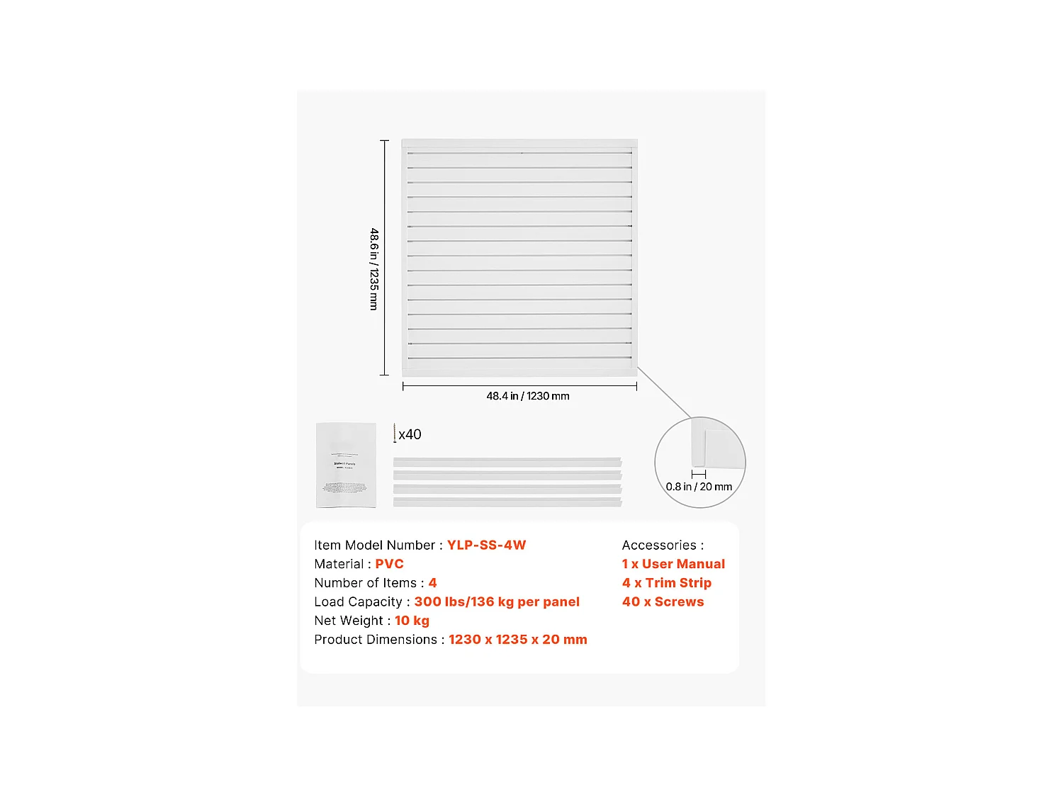 Panneau Mural à Lattes SucceBuy, 122 x 122 cm, Lattes de Garage en PVC Blanc, Conception Modulaire