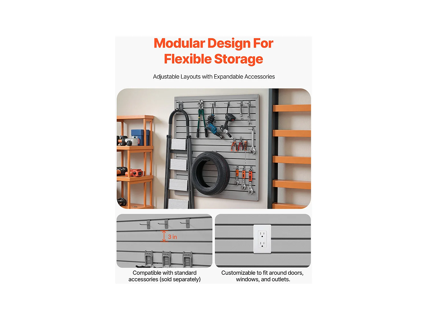 Panneau Mural à Lattes SucceBuy, 122 x 122 cm, Lattes de Garage en PVC Gris, Conception Modulaire