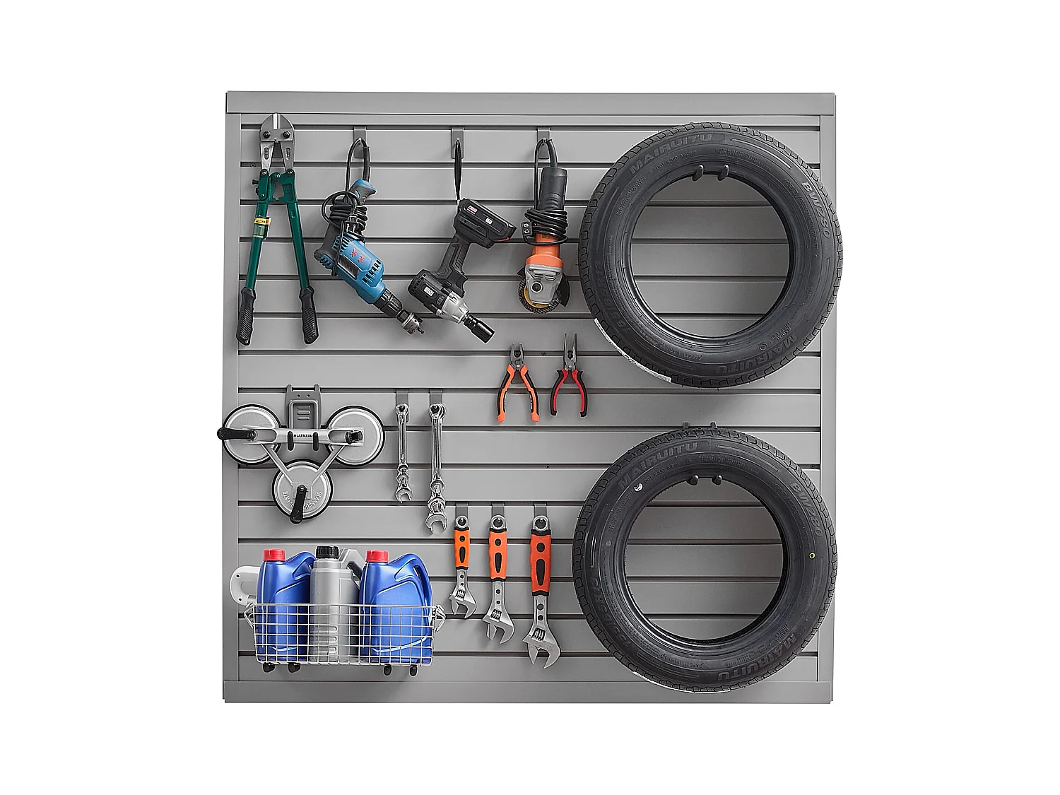 Panneau Mural à Lattes SucceBuy, 122 x 122 cm, Lattes de Garage en PVC Gris, Conception Modulaire