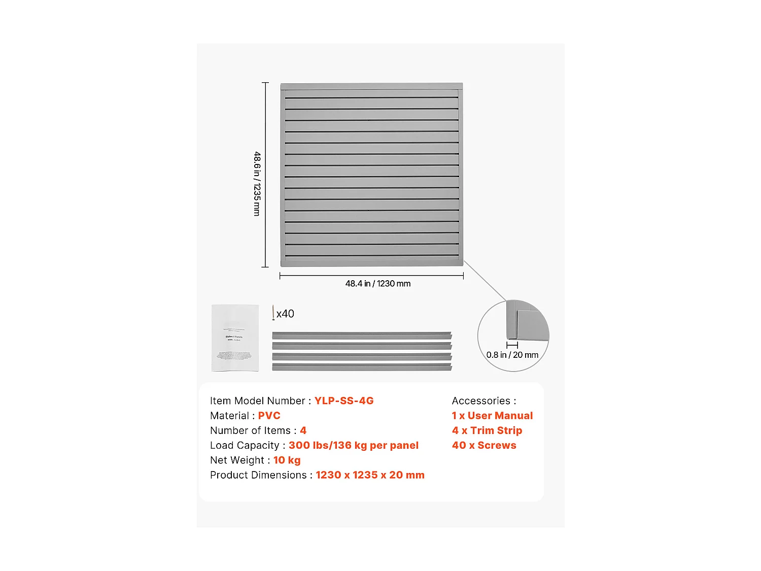 Panneau Mural à Lattes SucceBuy, 122 x 122 cm, Lattes de Garage en PVC Gris, Conception Modulaire
