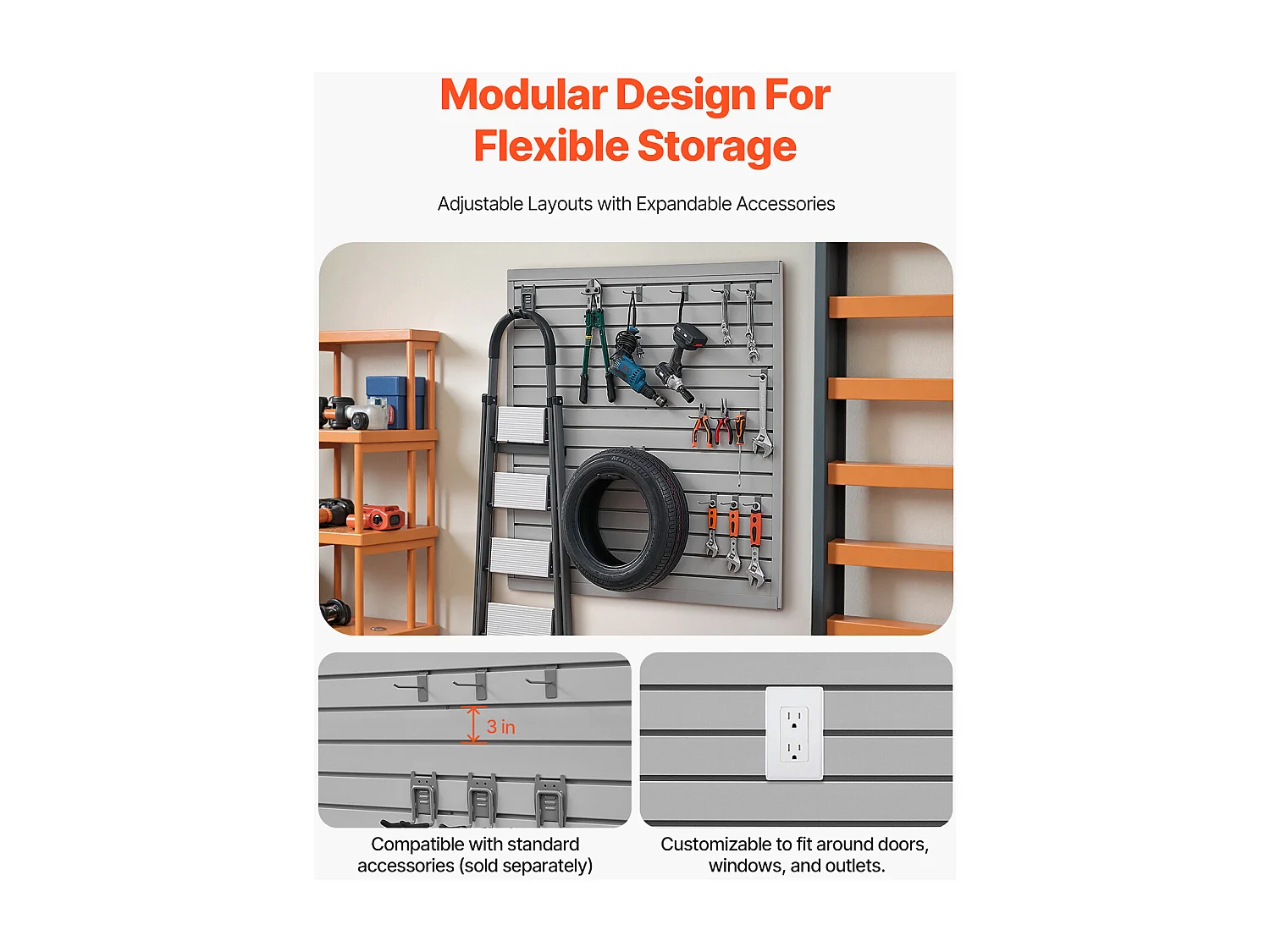 Panneau Mural à Lattes SucceBuy, 122 x 122 cm, Lattes de Garage en PVC Gris, Conception Modulaire