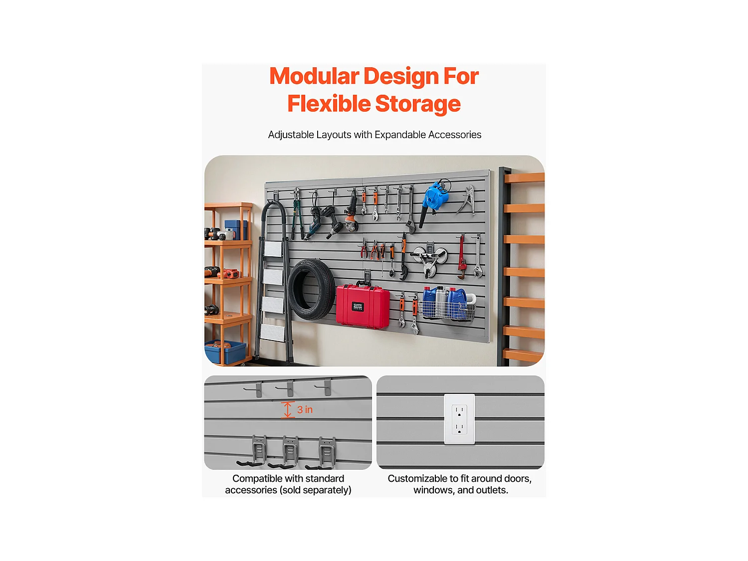 Panneau Mural à Lattes en PVC SucceBuy, 244 x 122 cm, Gris, avec Accessoires, Découpe à Faire Soi-même pour le Rangement et l'Affichage