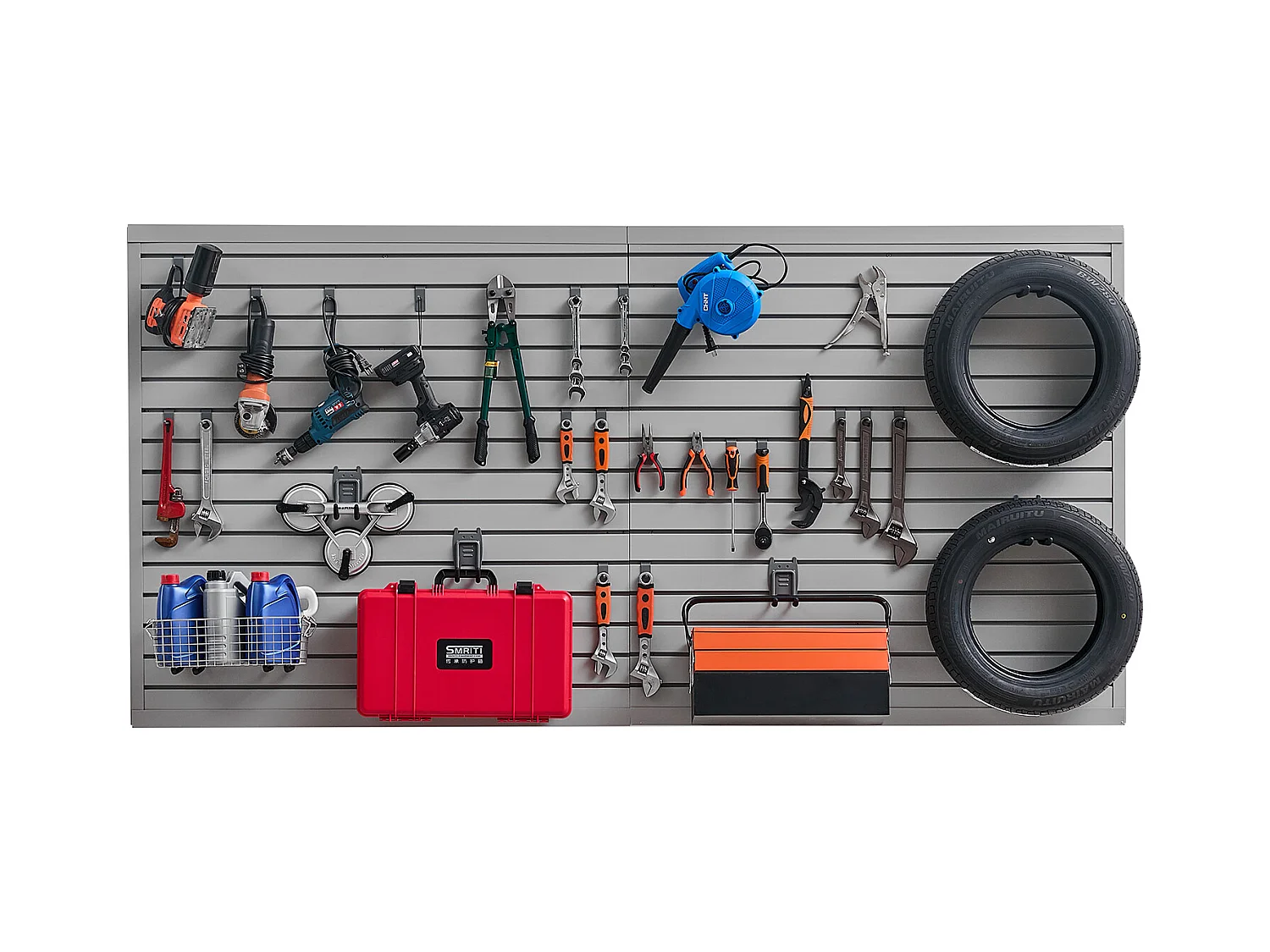 Panneau Mural à Lattes en PVC SucceBuy, 244 x 122 cm, Gris, avec Accessoires, Découpe à Faire Soi-même pour le Rangement et l'Affichage