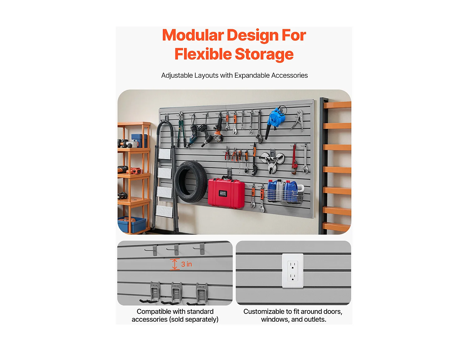 Panneau Mural à Lattes en PVC SucceBuy, 244 x 122 cm, Gris, avec Accessoires, Découpe à Faire Soi-même pour le Rangement et l'Affichage