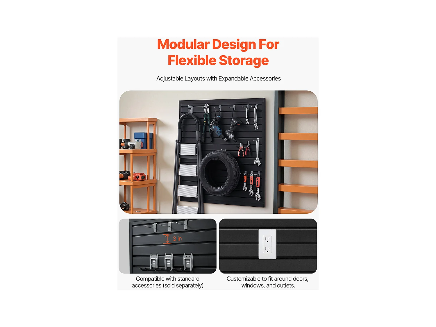 Panneau Mural à Lattes SucceBuy, 122 x 122 cm, Lattes de Garage en PVC Noir, Conception Modulaire