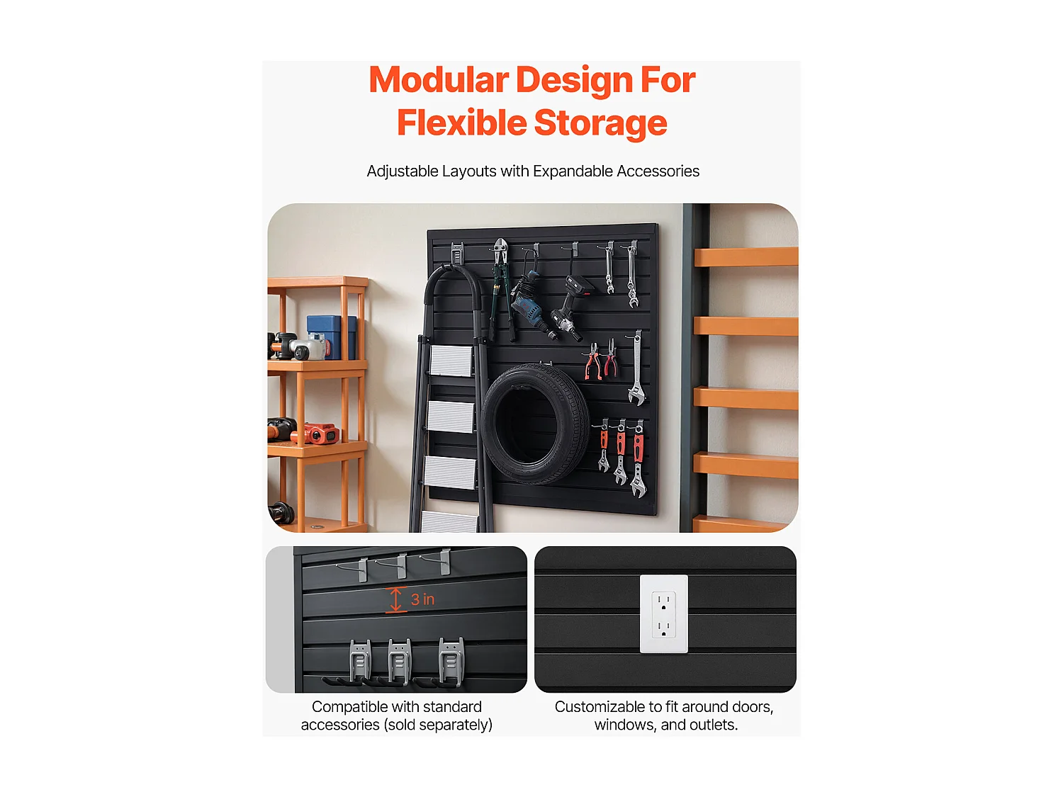 Panneau Mural à Lattes SucceBuy, 122 x 122 cm, Lattes de Garage en PVC Noir, Conception Modulaire