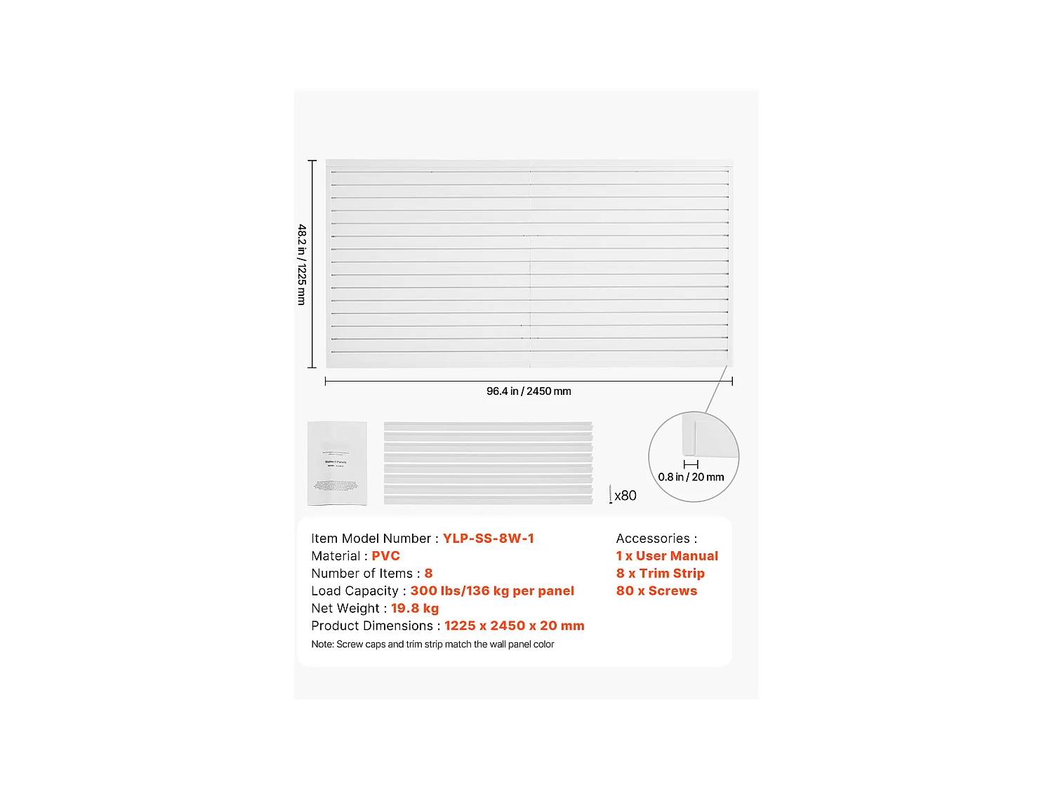 Wandpaneel mit Latten SucceBuy, 244 x 122 cm, weiße PVC-Garagenlatten, mit Montagezubehör