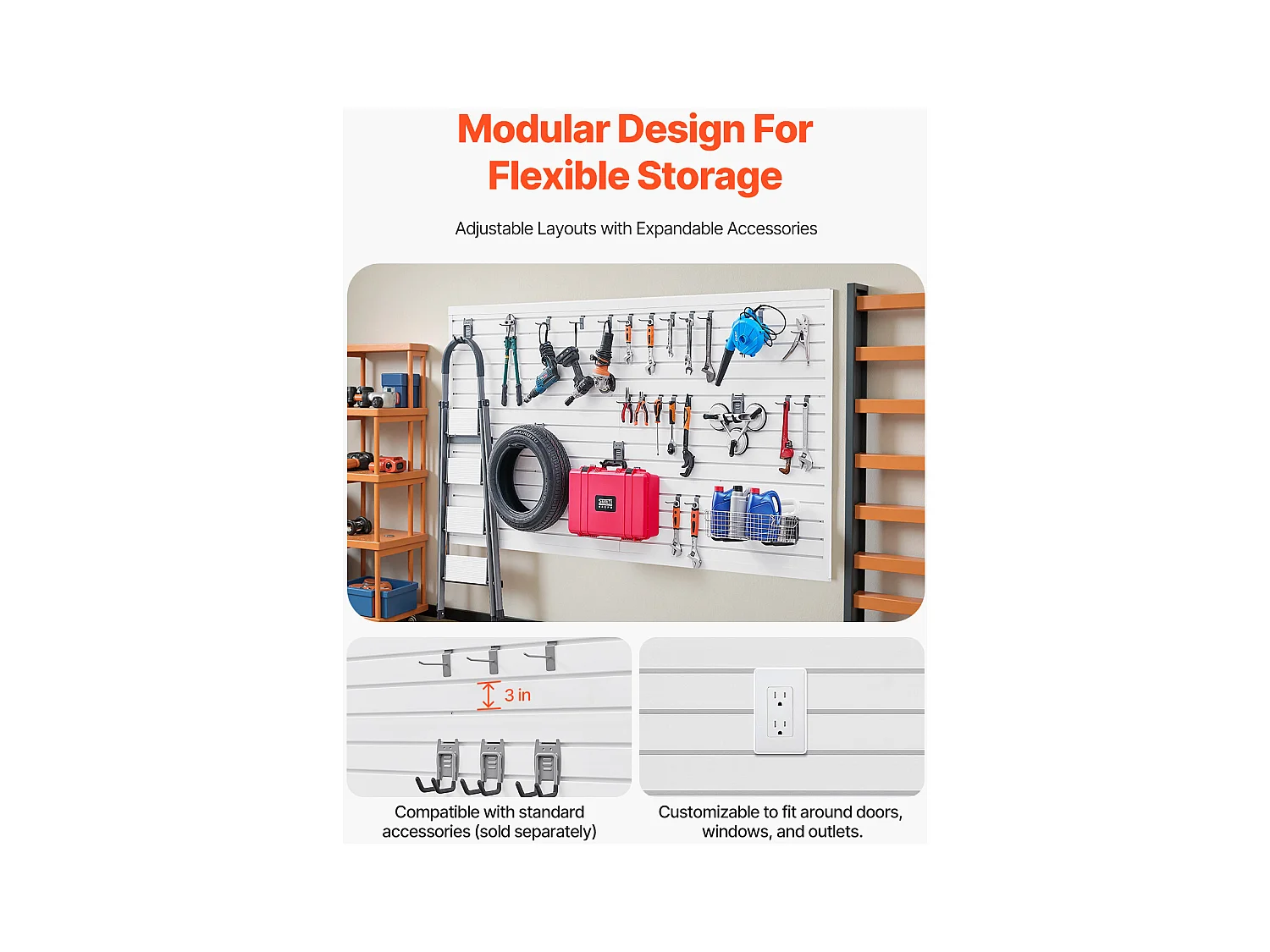 Wandpaneel mit Latten SucceBuy, 244 x 122 cm, weiße PVC-Garagenlatten, mit Montagezubehör