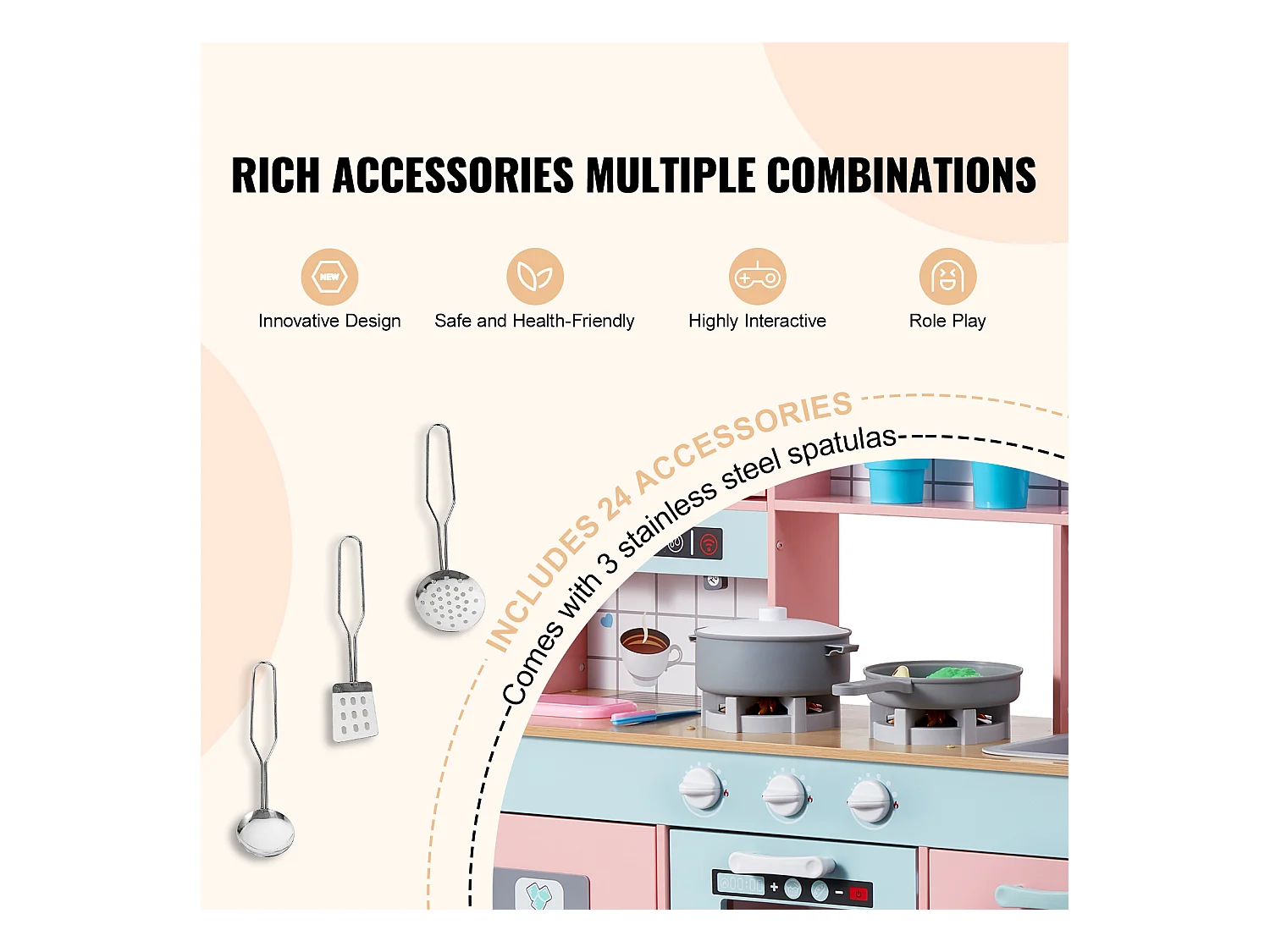 SucceBuy Ensemble de Cuisine pour Enfants, Jouet de Simulation 24 PCS Accessoires, Rose