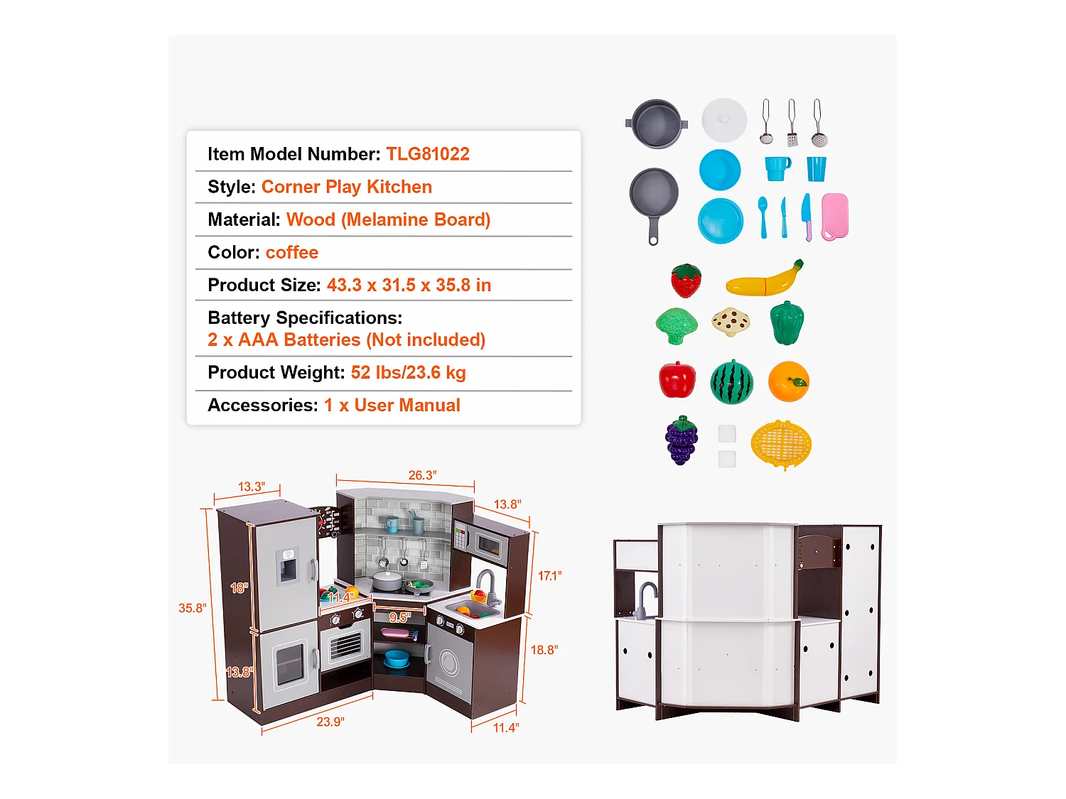 Ensemble de Cuisine SucceBuy pour Enfants, Cuisine de Jeu en Bois d'Angle, Jouet de Cuisine avec 24 Accessoires, Marron