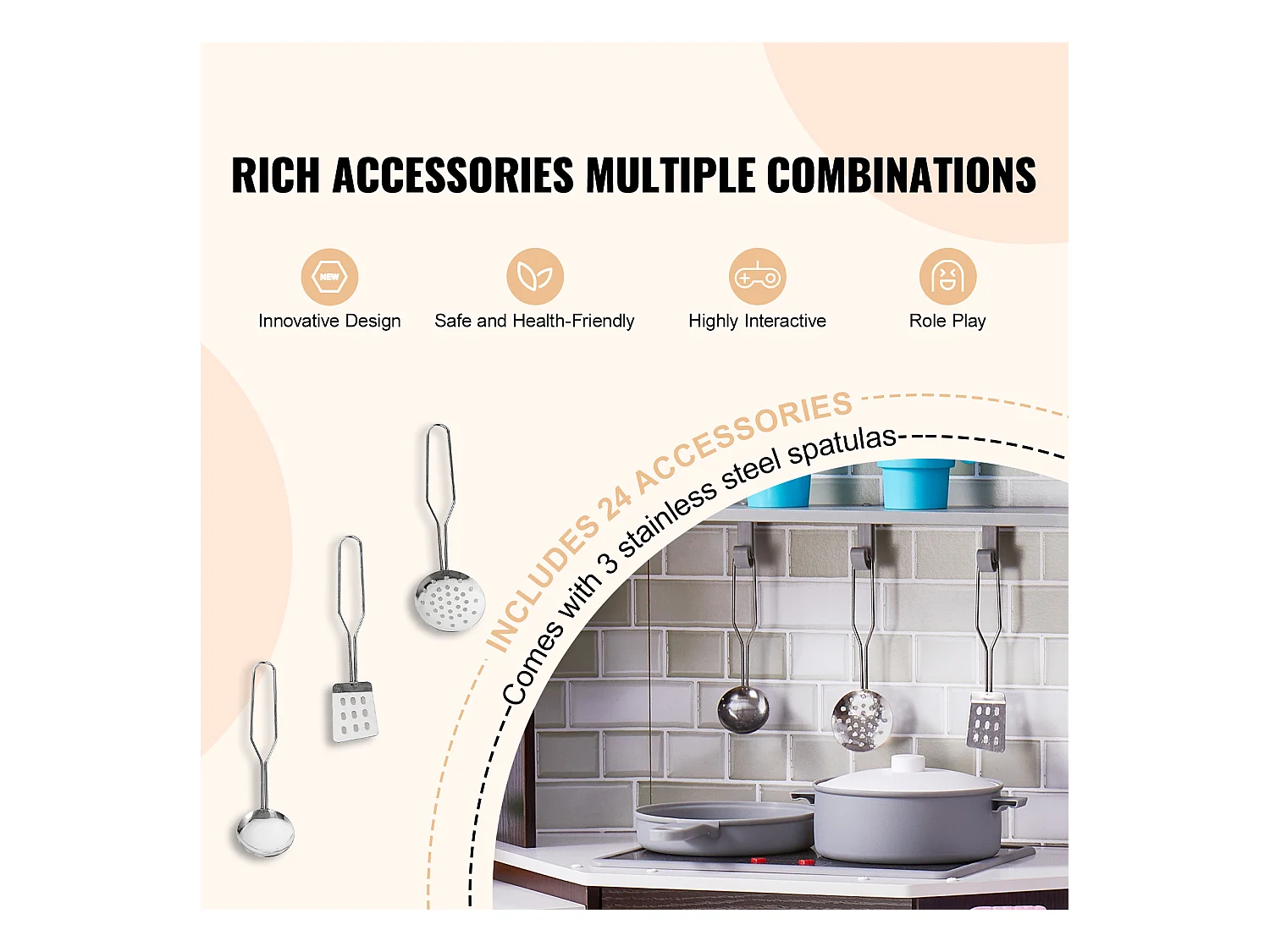 Ensemble de Cuisine SucceBuy pour Enfants, Cuisine de Jeu en Bois d'Angle, Jouet de Cuisine avec 24 Accessoires, Marron