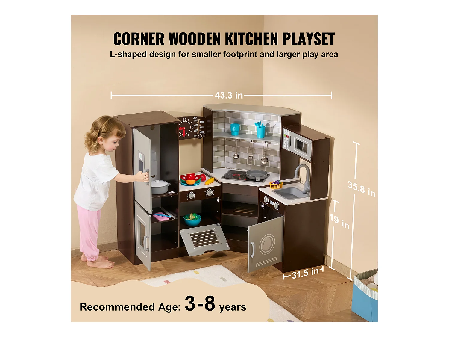 Ensemble de Cuisine SucceBuy pour Enfants, Cuisine de Jeu en Bois d'Angle, Jouet de Cuisine avec 24 Accessoires, Marron