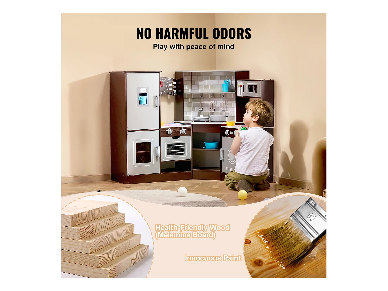 Ensemble de Cuisine SucceBuy pour Enfants, Cuisine de Jeu en Bois d'Angle, Jouet de Cuisine avec 24 Accessoires, Marron