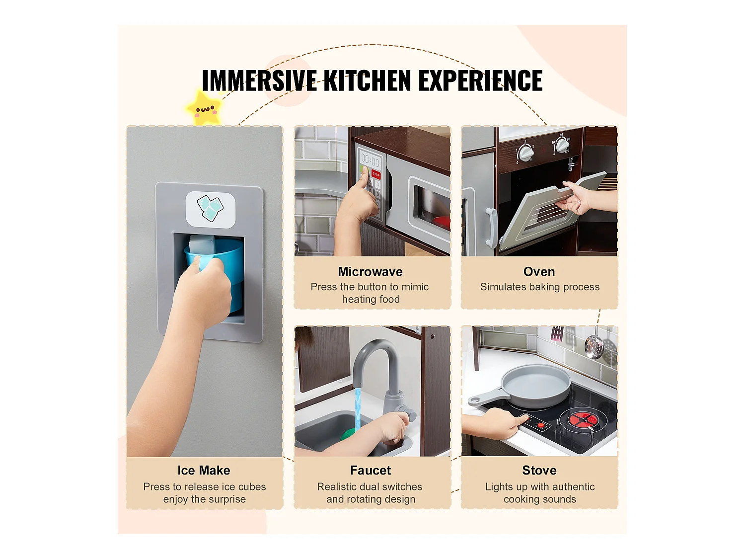 Ensemble de Cuisine SucceBuy pour Enfants, Cuisine de Jeu en Bois d'Angle, Jouet de Cuisine avec 24 Accessoires, Marron