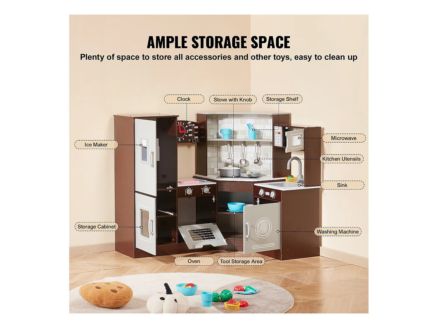 Ensemble de Cuisine SucceBuy pour Enfants, Cuisine de Jeu en Bois d'Angle, Jouet de Cuisine avec 24 Accessoires, Marron