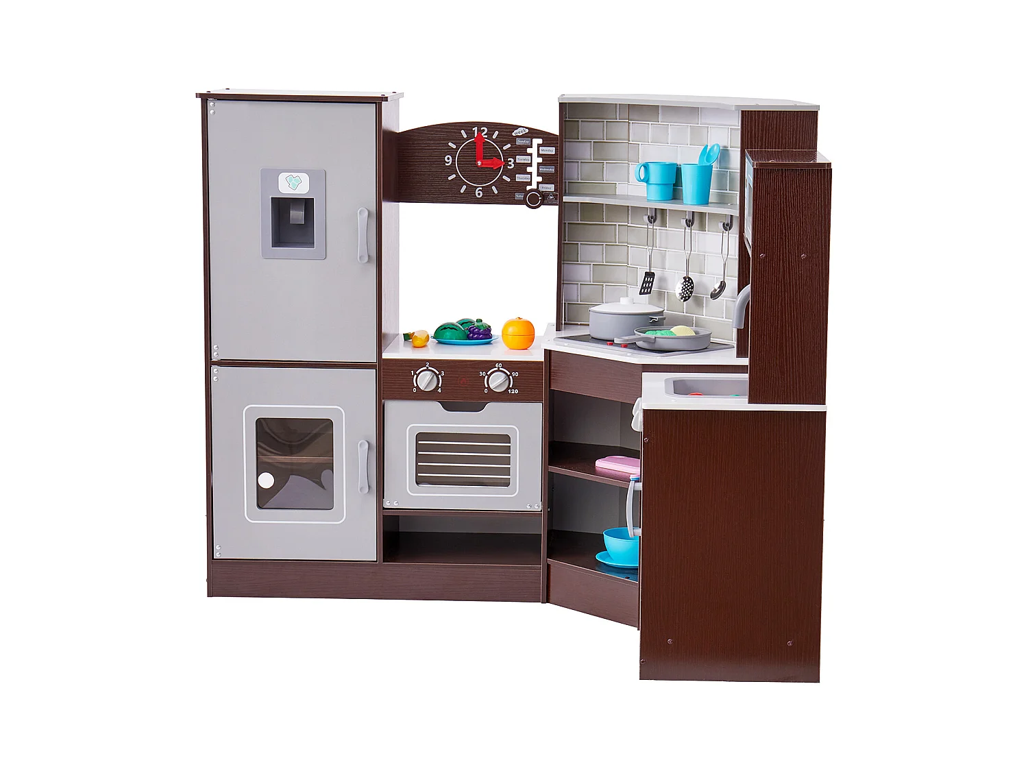 Ensemble de Cuisine SucceBuy pour Enfants, Cuisine de Jeu en Bois d'Angle, Jouet de Cuisine avec 24 Accessoires, Marron