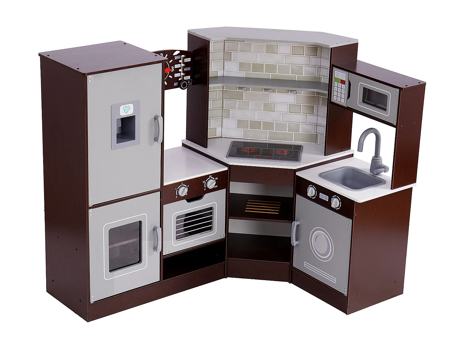 Ensemble de Cuisine SucceBuy pour Enfants, Cuisine de Jeu en Bois d'Angle, Jouet de Cuisine avec 24 Accessoires, Marron