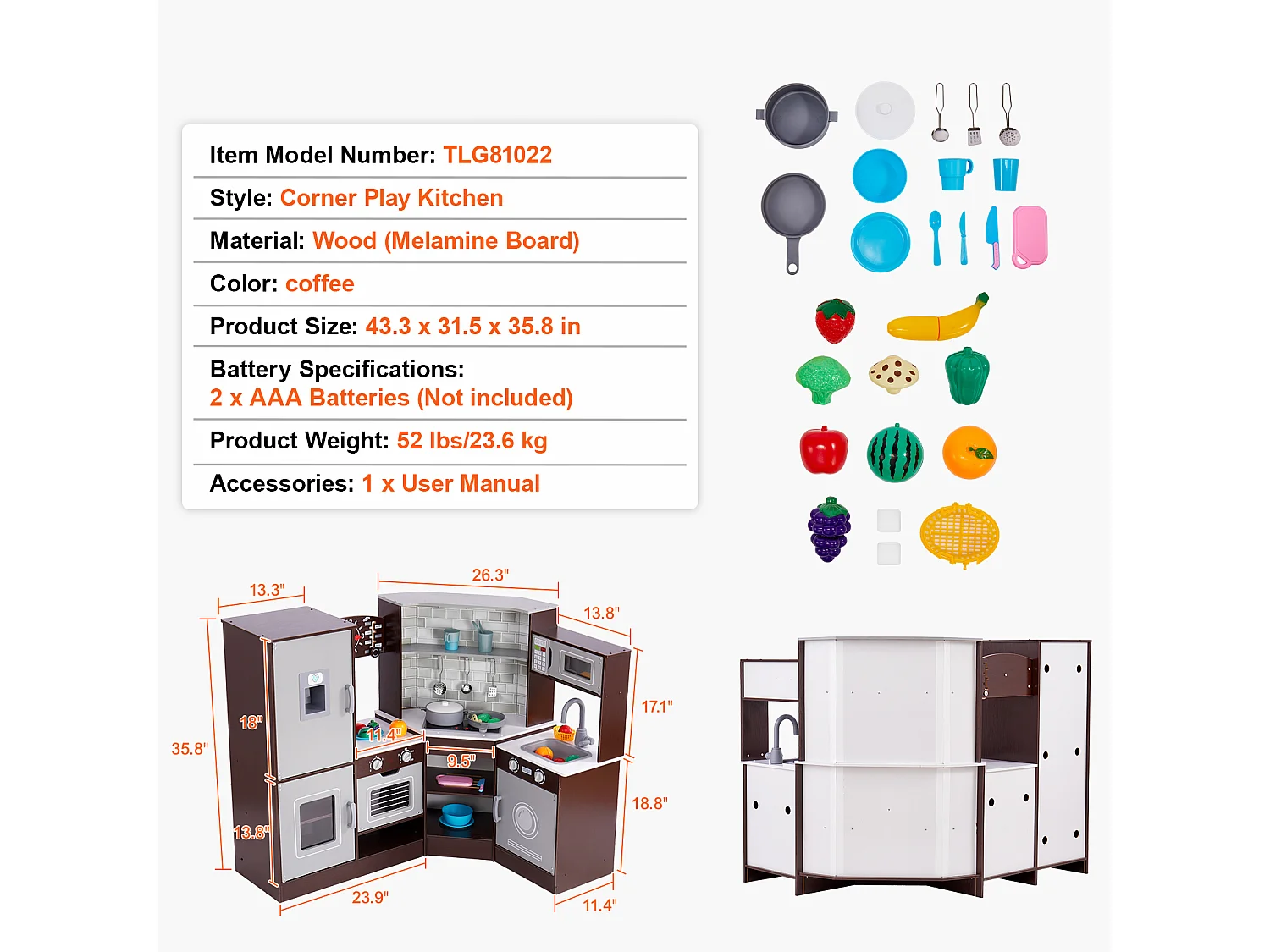 Ensemble de Cuisine SucceBuy pour Enfants, Cuisine de Jeu en Bois d'Angle, Jouet de Cuisine avec 24 Accessoires, Marron