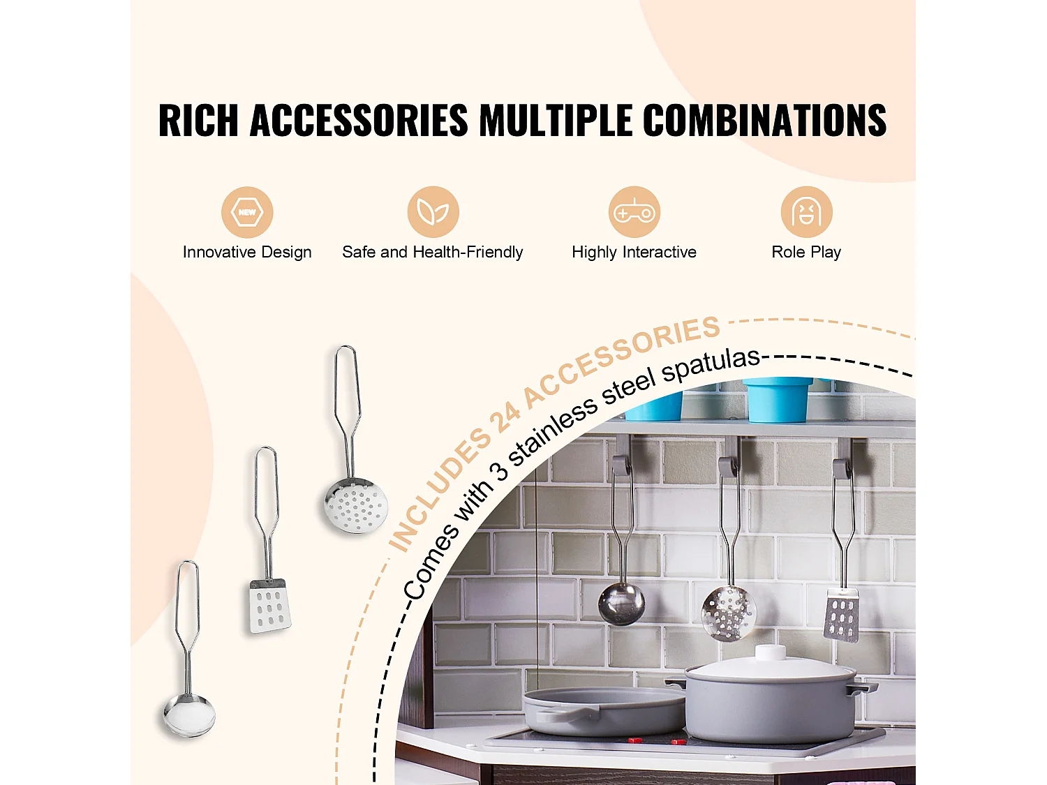 Ensemble de Cuisine SucceBuy pour Enfants, Cuisine de Jeu en Bois d'Angle, Jouet de Cuisine avec 24 Accessoires, Marron