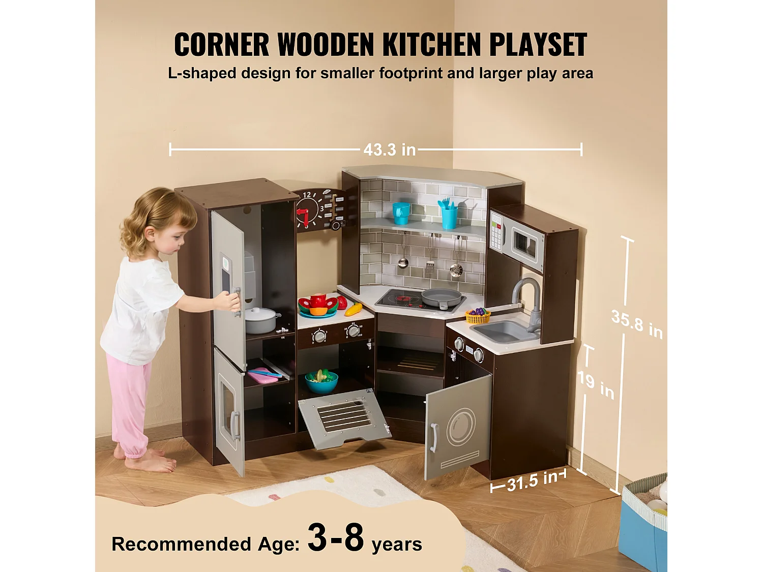Ensemble de Cuisine SucceBuy pour Enfants, Cuisine de Jeu en Bois d'Angle, Jouet de Cuisine avec 24 Accessoires, Marron