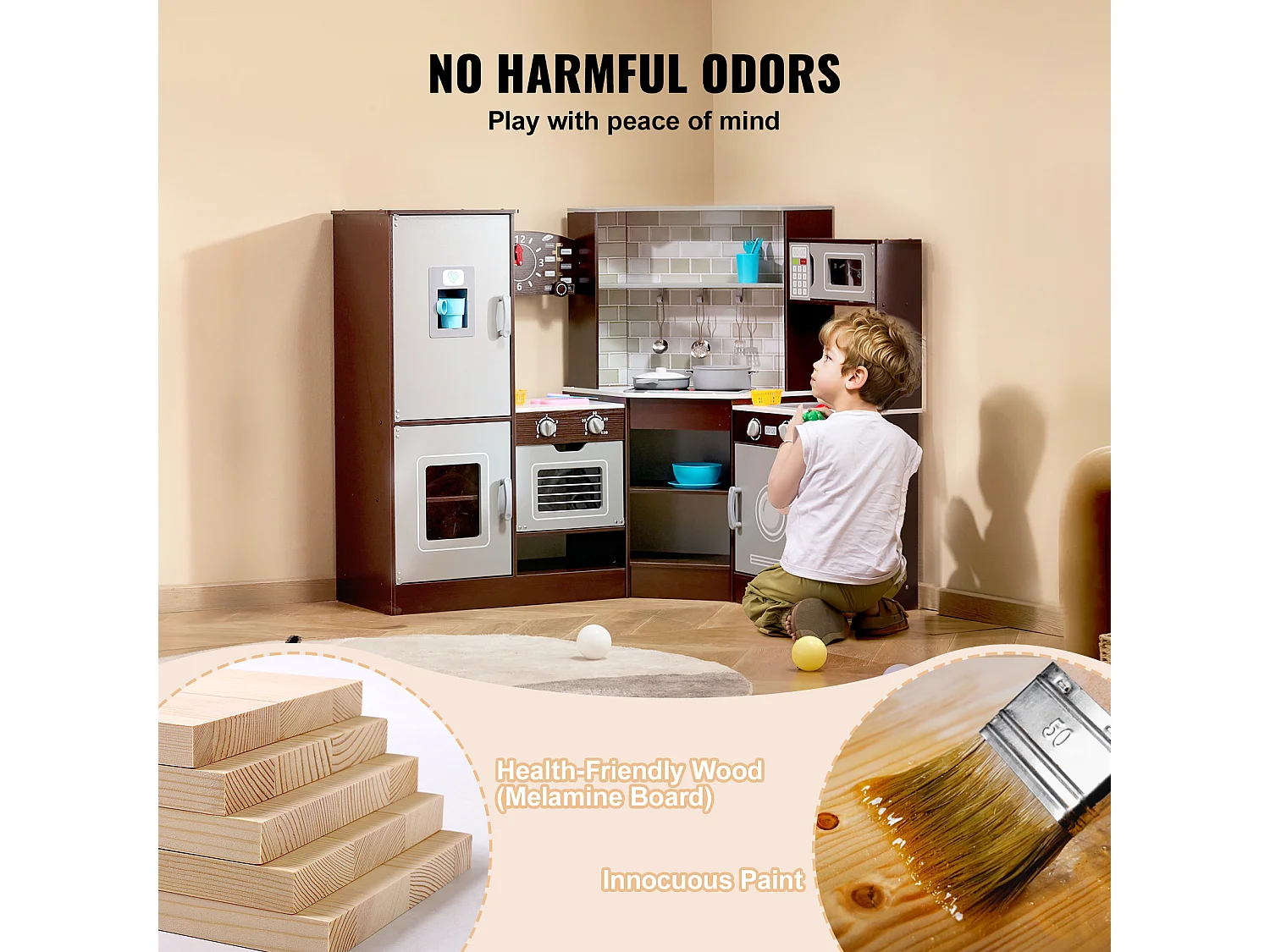 Ensemble de Cuisine SucceBuy pour Enfants, Cuisine de Jeu en Bois d'Angle, Jouet de Cuisine avec 24 Accessoires, Marron