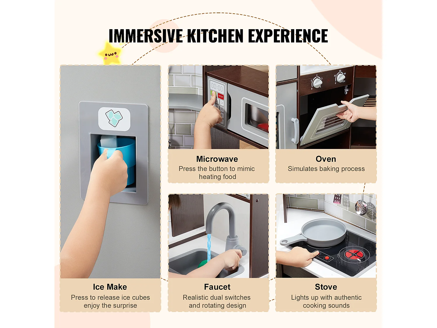 Ensemble de Cuisine SucceBuy pour Enfants, Cuisine de Jeu en Bois d'Angle, Jouet de Cuisine avec 24 Accessoires, Marron