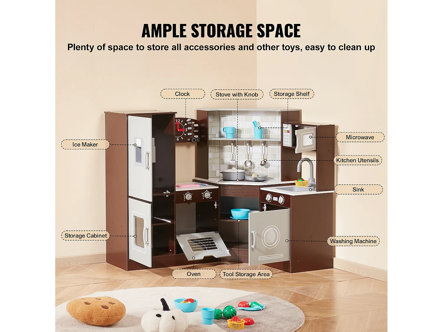 Ensemble de Cuisine SucceBuy pour Enfants, Cuisine de Jeu en Bois d'Angle, Jouet de Cuisine avec 24 Accessoires, Marron