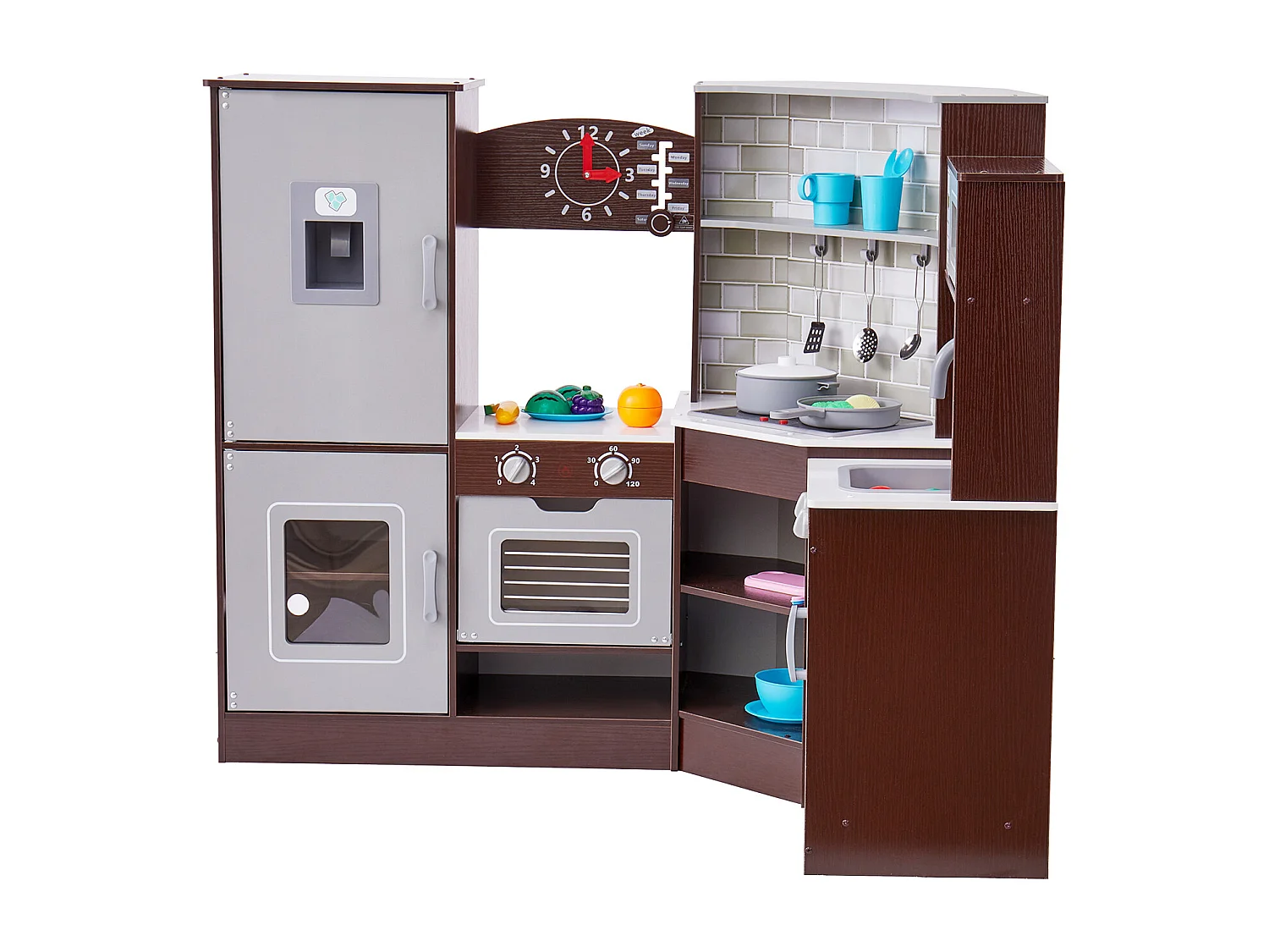 Ensemble de Cuisine SucceBuy pour Enfants, Cuisine de Jeu en Bois d'Angle, Jouet de Cuisine avec 24 Accessoires, Marron