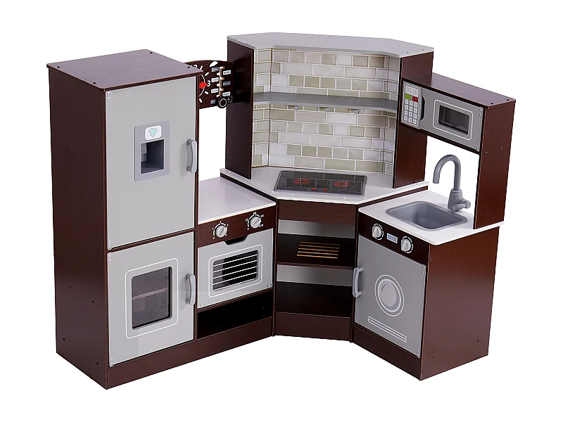 Ensemble de Cuisine SucceBuy pour Enfants, Cuisine de Jeu en Bois d'Angle, Jouet de Cuisine avec 24 Accessoires, Marron