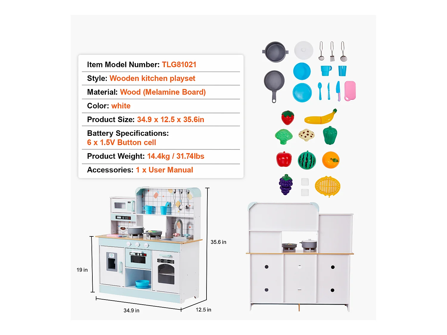 Ensemble de Cuisine SucceBuy pour Enfants, Cuisine de Jeu en Bois avec Lumières et Sons, Jouet de Cuisine avec 24 Pièces, Blanc