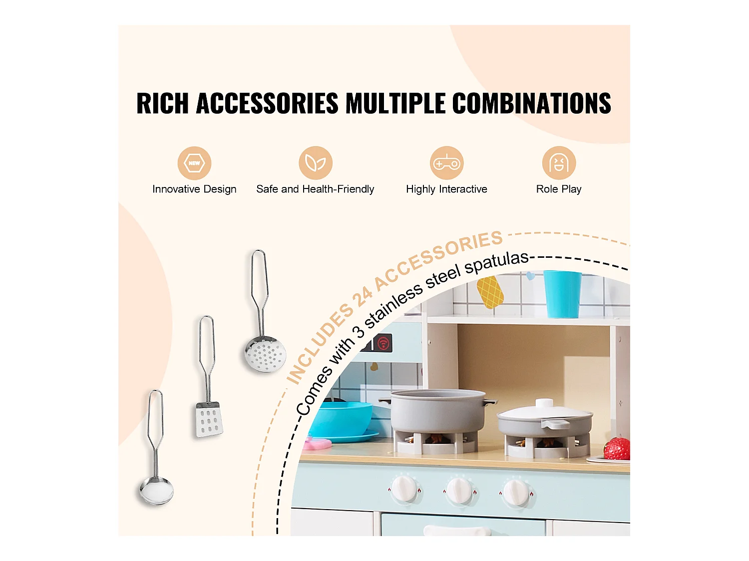 Ensemble de Cuisine SucceBuy pour Enfants, Cuisine de Jeu en Bois avec Lumières et Sons, Jouet de Cuisine avec 24 Pièces, Blanc