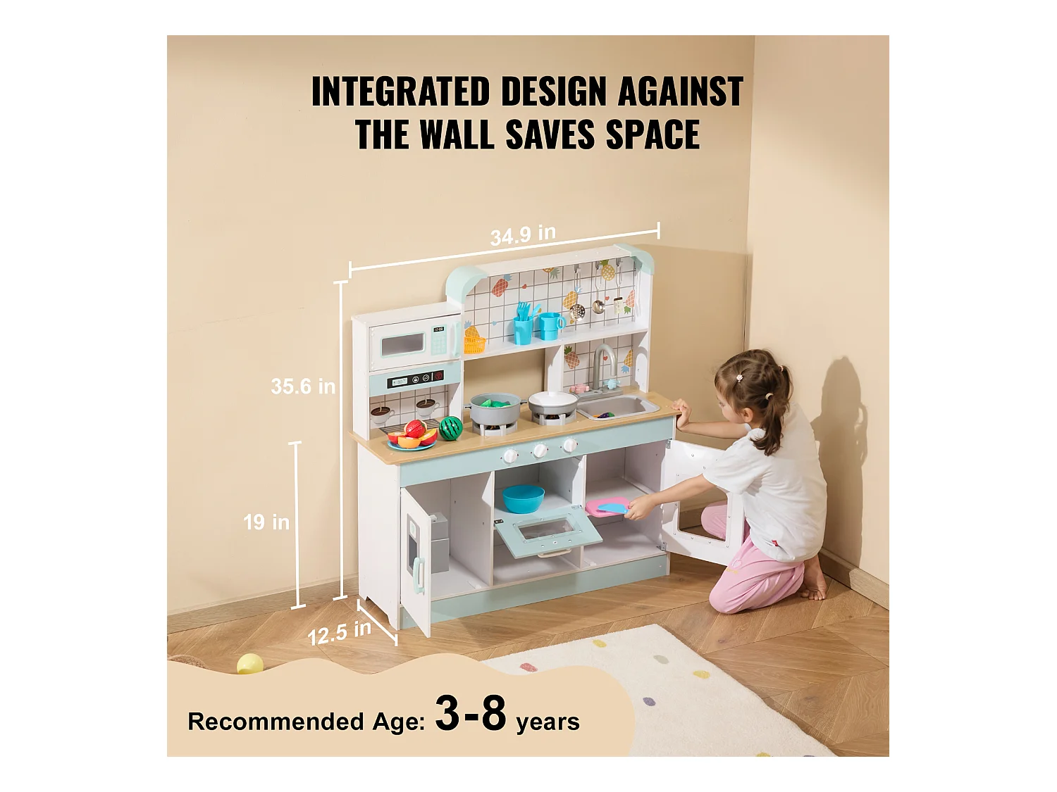 Ensemble de Cuisine SucceBuy pour Enfants, Cuisine de Jeu en Bois avec Lumières et Sons, Jouet de Cuisine avec 24 Pièces, Blanc