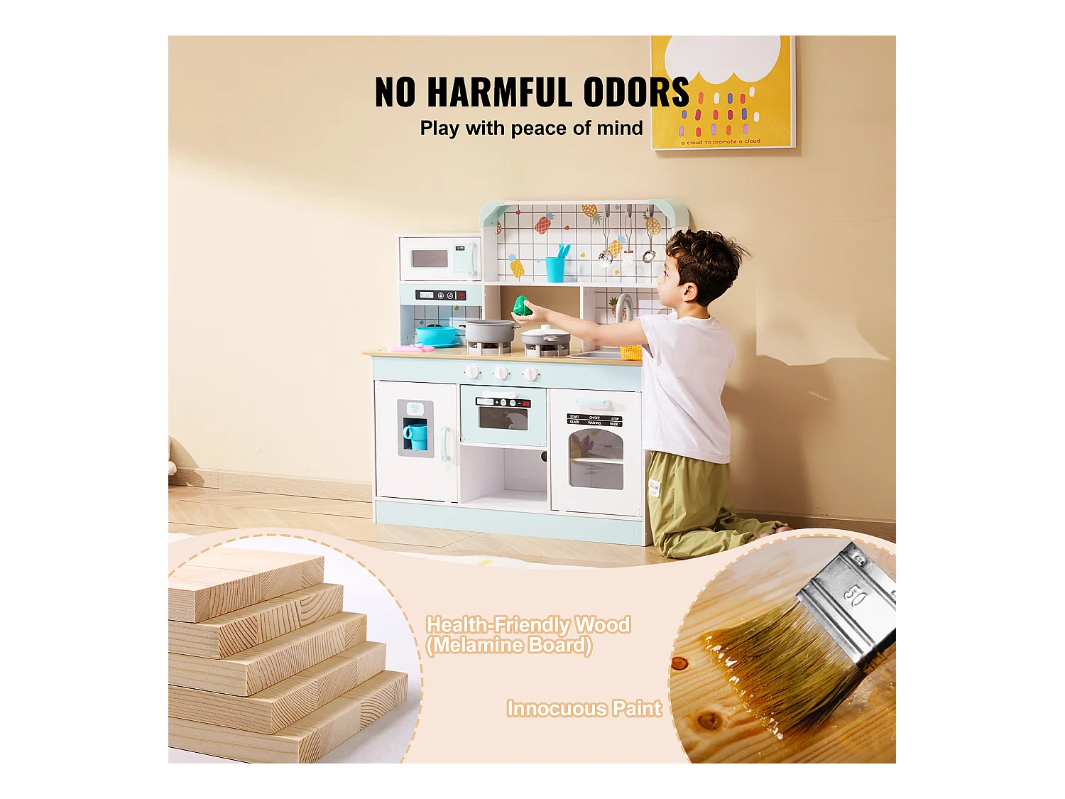 Ensemble de Cuisine SucceBuy pour Enfants, Cuisine de Jeu en Bois avec Lumières et Sons, Jouet de Cuisine avec 24 Pièces, Blanc