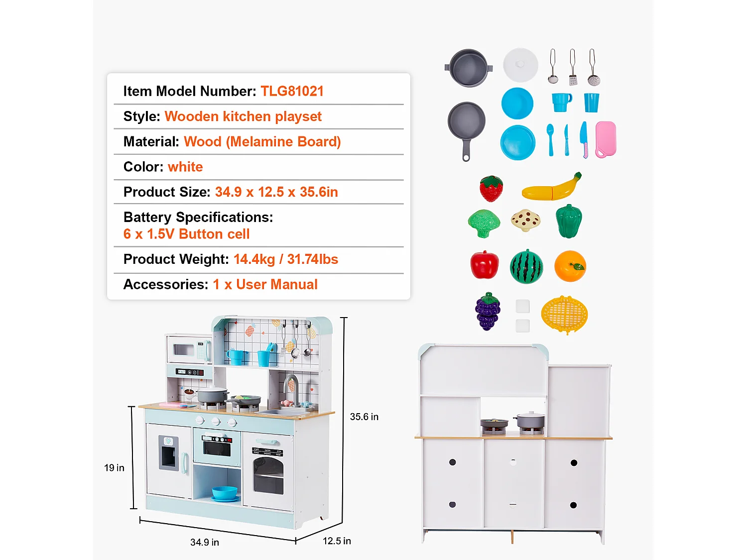 Ensemble de Cuisine SucceBuy pour Enfants, Cuisine de Jeu en Bois avec Lumières et Sons, Jouet de Cuisine avec 24 Pièces, Blanc