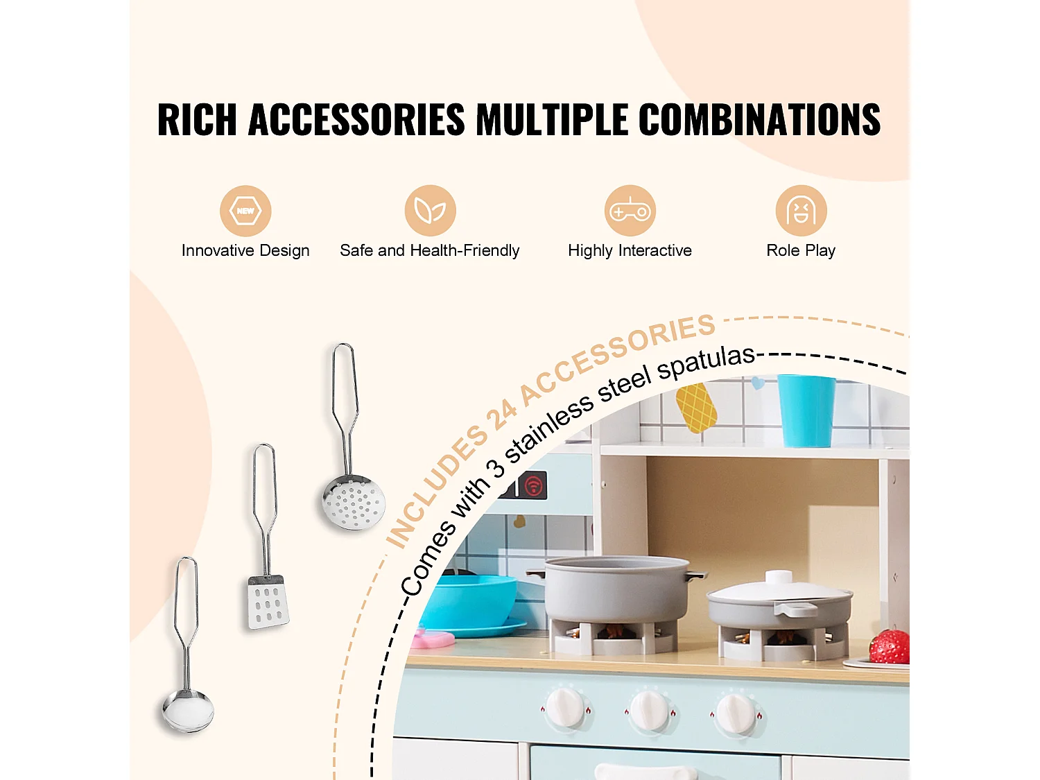 Ensemble de Cuisine SucceBuy pour Enfants, Cuisine de Jeu en Bois avec Lumières et Sons, Jouet de Cuisine avec 24 Pièces, Blanc