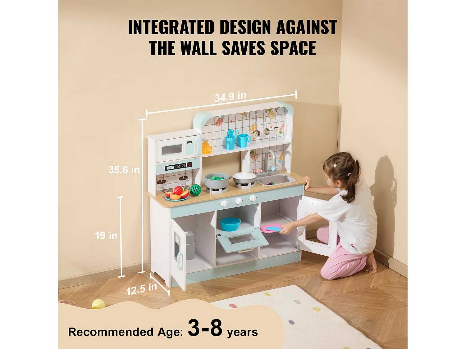 Ensemble de Cuisine SucceBuy pour Enfants, Cuisine de Jeu en Bois avec Lumières et Sons, Jouet de Cuisine avec 24 Pièces, Blanc