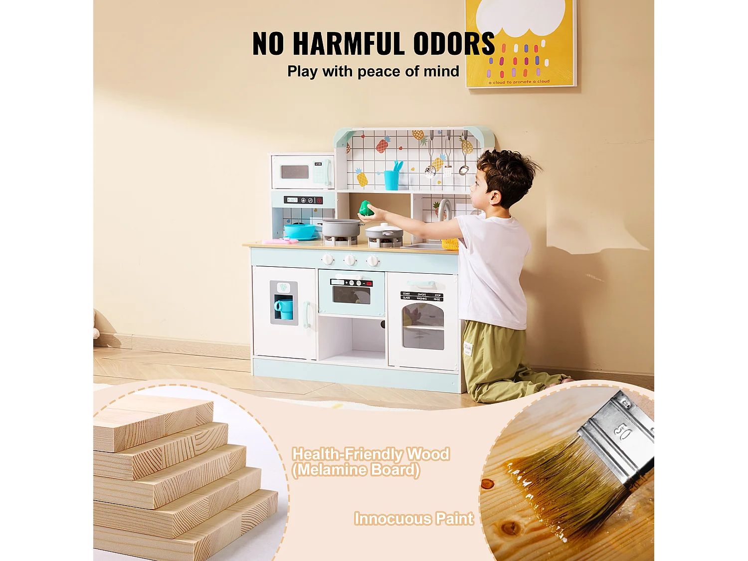 Ensemble de Cuisine SucceBuy pour Enfants, Cuisine de Jeu en Bois avec Lumières et Sons, Jouet de Cuisine avec 24 Pièces, Blanc