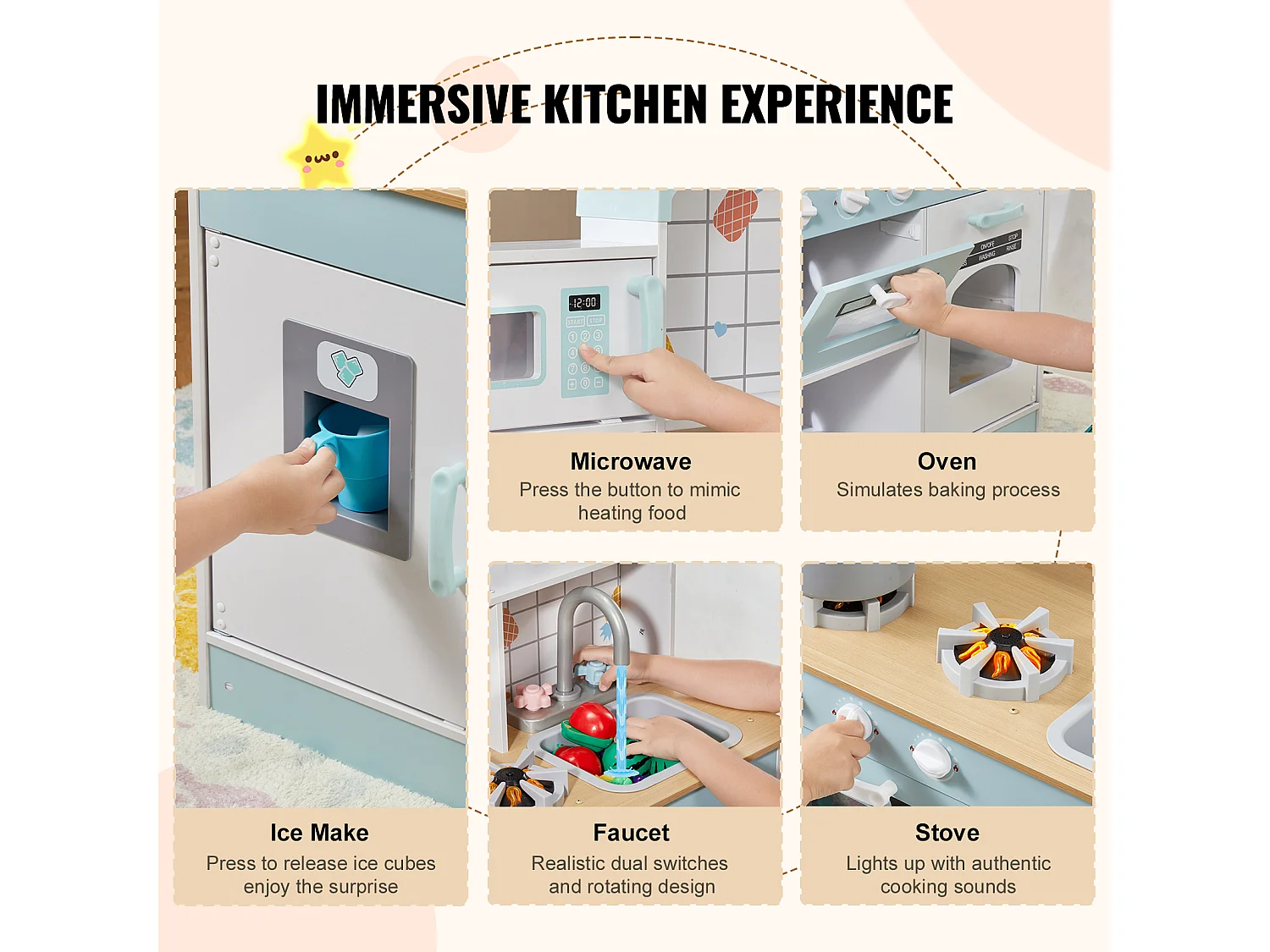 Ensemble de Cuisine SucceBuy pour Enfants, Cuisine de Jeu en Bois avec Lumières et Sons, Jouet de Cuisine avec 24 Pièces, Blanc