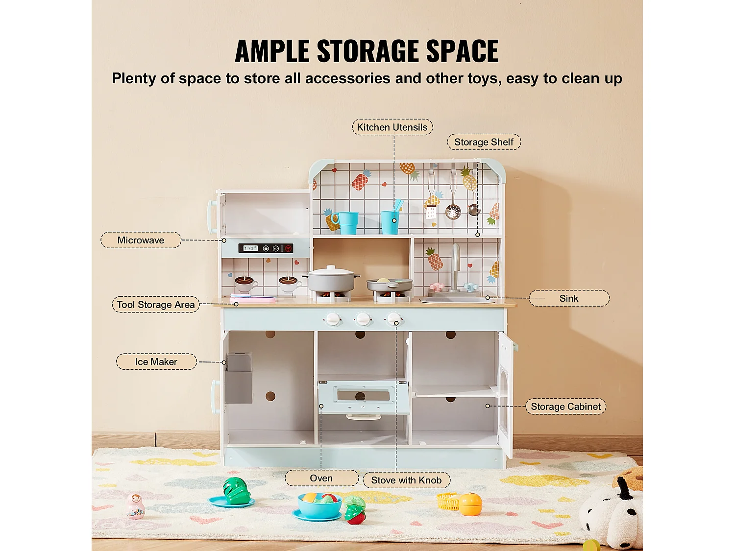 Ensemble de Cuisine SucceBuy pour Enfants, Cuisine de Jeu en Bois avec Lumières et Sons, Jouet de Cuisine avec 24 Pièces, Blanc