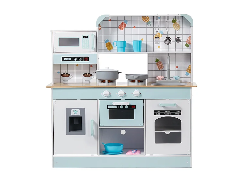 Set di Cucina SucceBuy per Bambini, Cucina di Gioco in Legno con Luci e Suoni, Gioco di Cucina con 24 Pezzi, Bianco