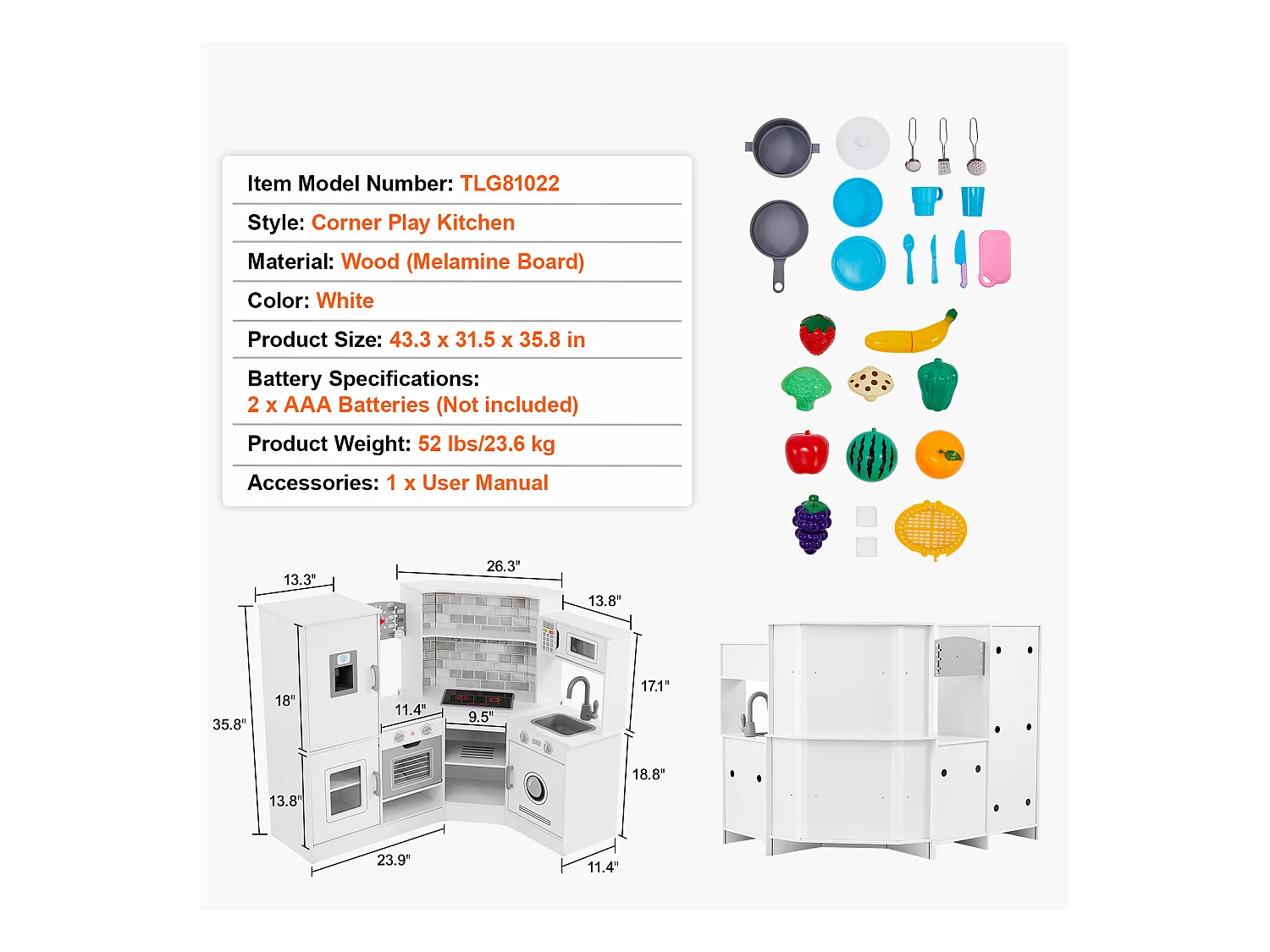 Ensemble de Cuisine SucceBuy pour Enfants, Cuisine de Jeu en Bois, Jouet de Cuisine Factice 24 PCS Accessoires, Blanc
