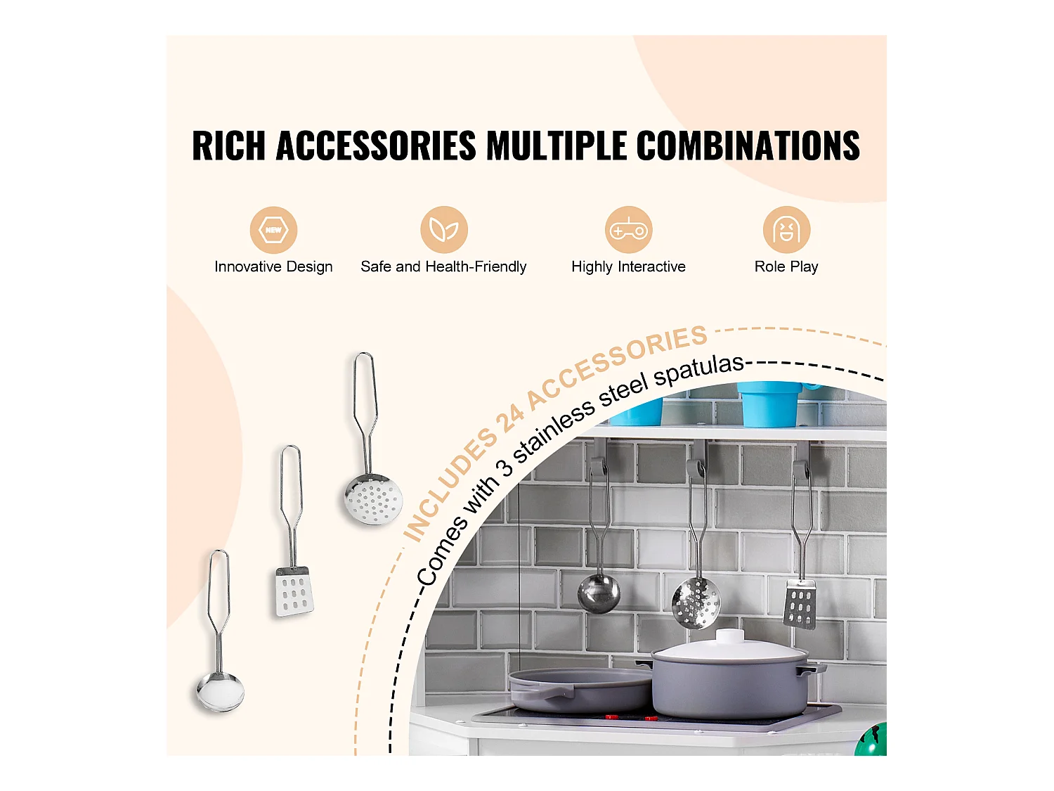 Ensemble de Cuisine SucceBuy pour Enfants, Cuisine de Jeu en Bois, Jouet de Cuisine Factice 24 PCS Accessoires, Blanc