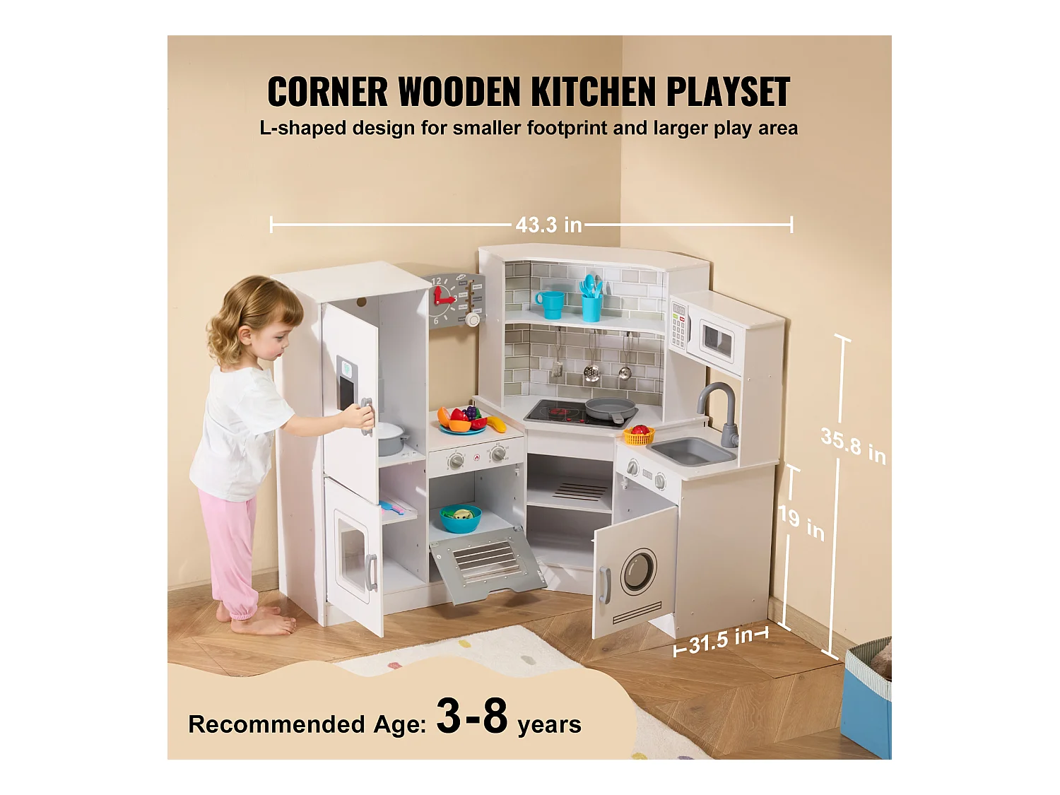 Ensemble de Cuisine SucceBuy pour Enfants, Cuisine de Jeu en Bois, Jouet de Cuisine Factice 24 PCS Accessoires, Blanc