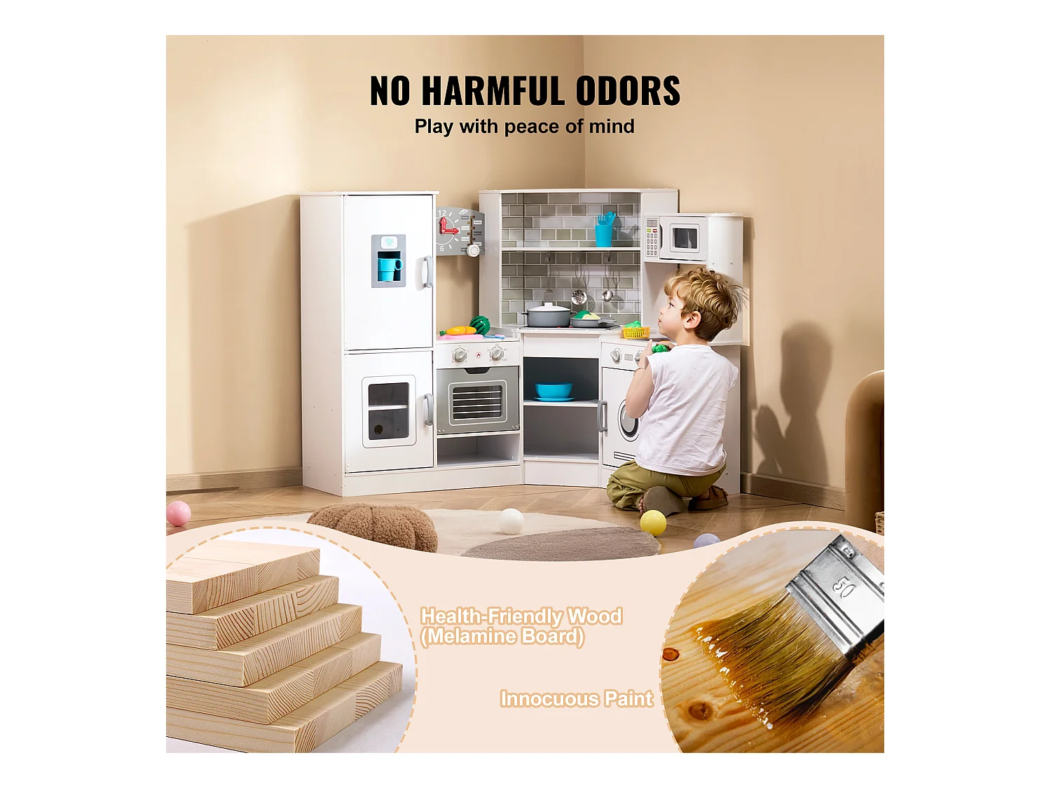 Ensemble de Cuisine SucceBuy pour Enfants, Cuisine de Jeu en Bois, Jouet de Cuisine Factice 24 PCS Accessoires, Blanc