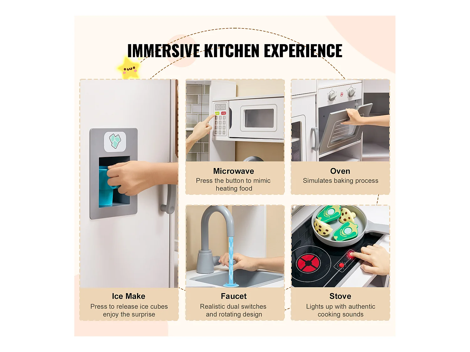 Ensemble de Cuisine SucceBuy pour Enfants, Cuisine de Jeu en Bois, Jouet de Cuisine Factice 24 PCS Accessoires, Blanc