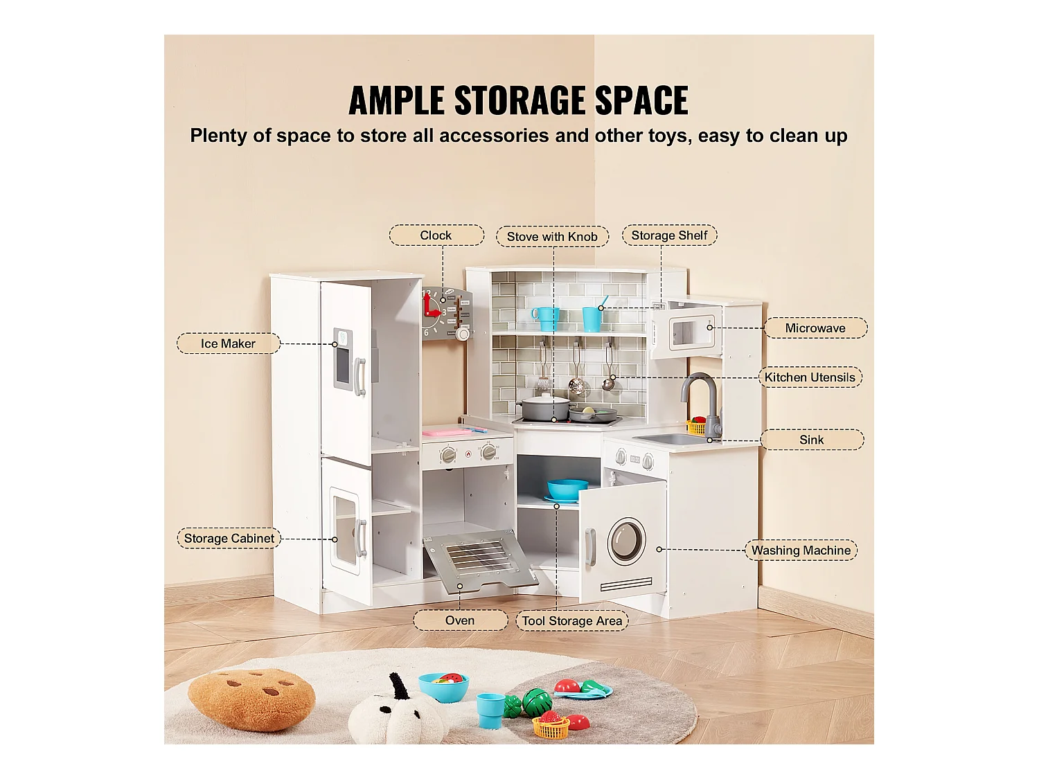 Ensemble de Cuisine SucceBuy pour Enfants, Cuisine de Jeu en Bois, Jouet de Cuisine Factice 24 PCS Accessoires, Blanc