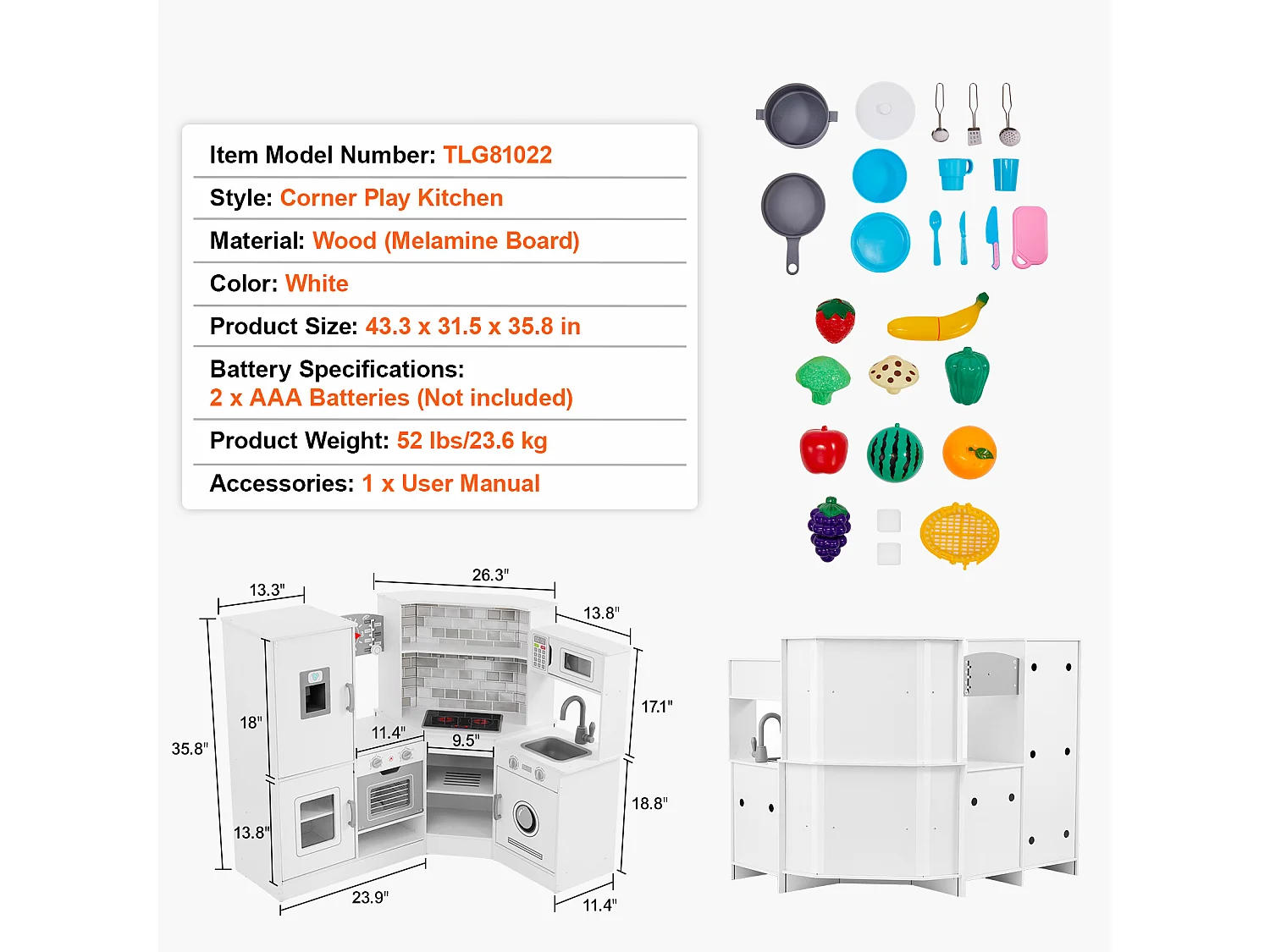 Ensemble de Cuisine SucceBuy pour Enfants, Cuisine de Jeu en Bois, Jouet de Cuisine Factice 24 PCS Accessoires, Blanc