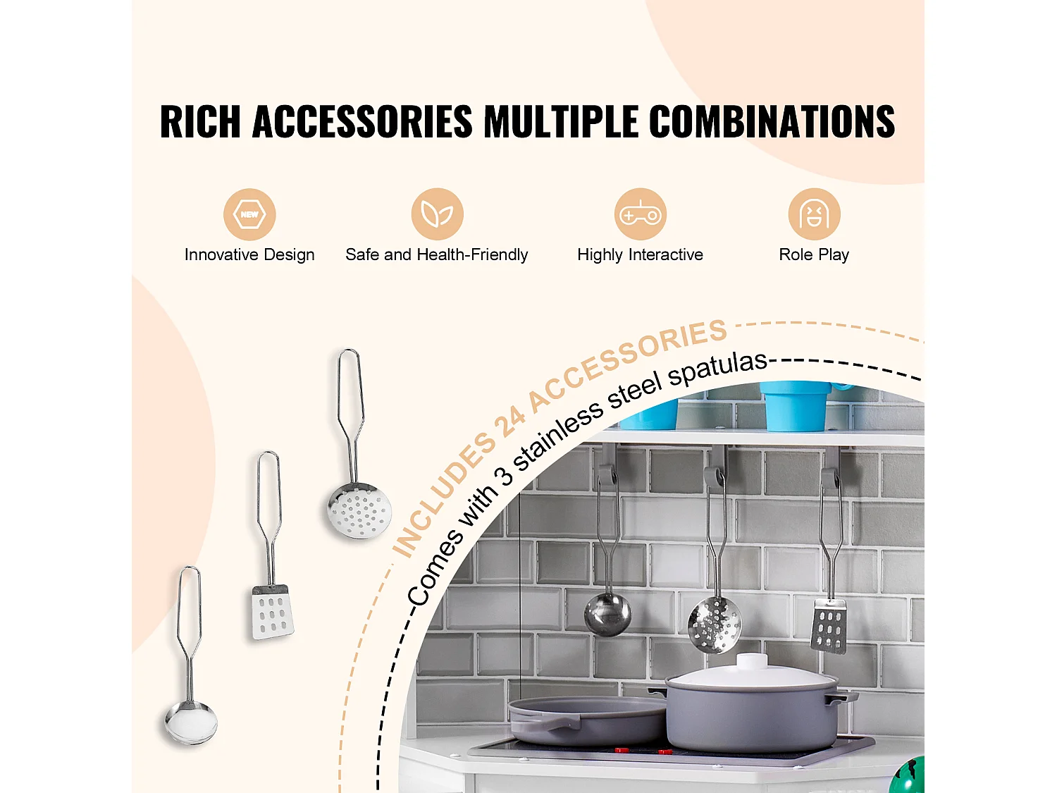 Ensemble de Cuisine SucceBuy pour Enfants, Cuisine de Jeu en Bois, Jouet de Cuisine Factice 24 PCS Accessoires, Blanc